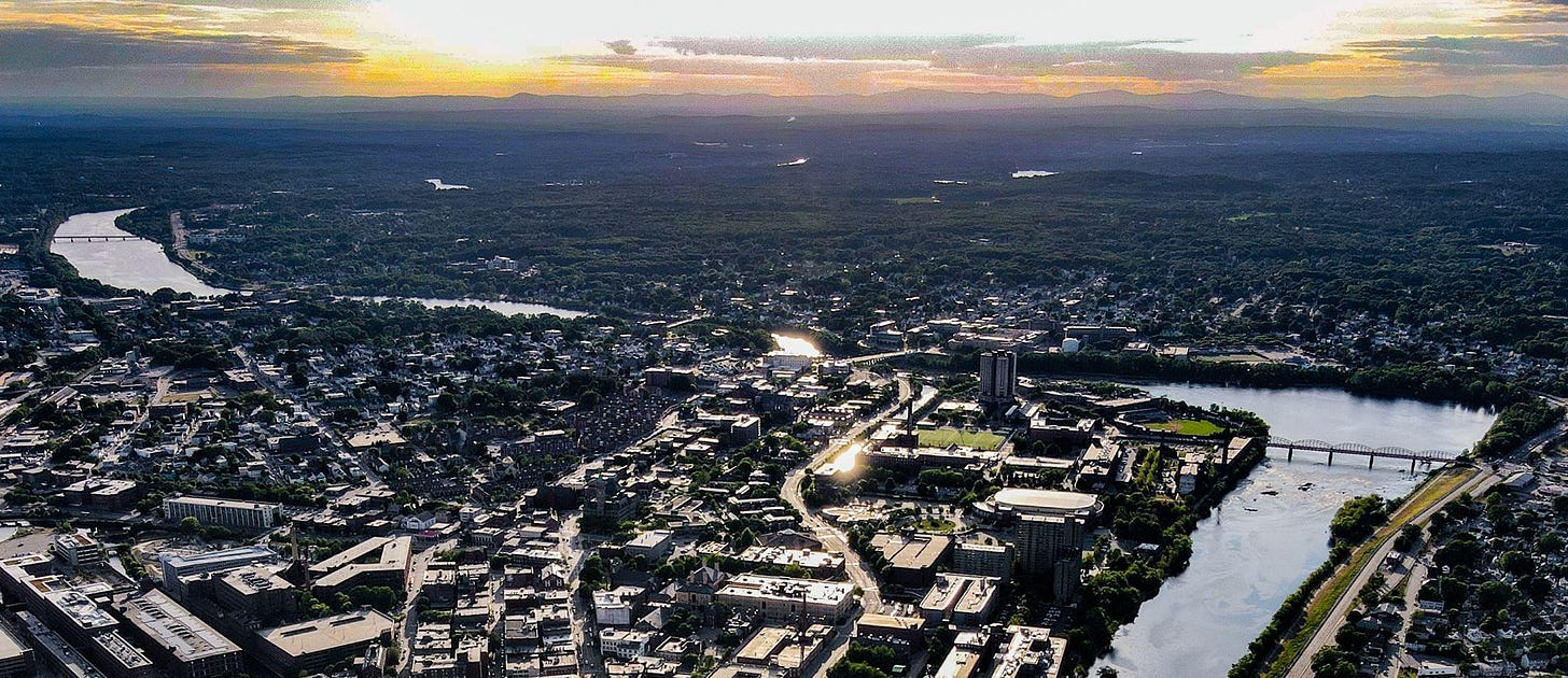 Aerial view over Merrimack River Lowell Aerial view over Merrimack River Lowell