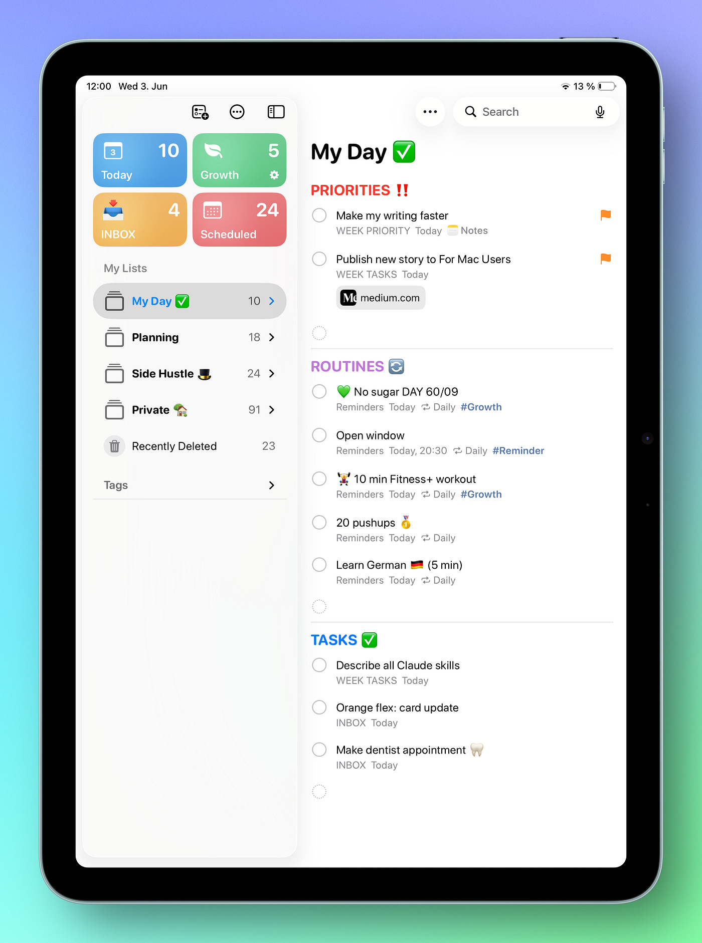 Apple Reminders displayed in iPad showing custom made Today view organized by priorities, routines and all other tasks. Apple Reminders displayed in iPad showing custom made Today view organized by priorities, routines and all other tasks.
