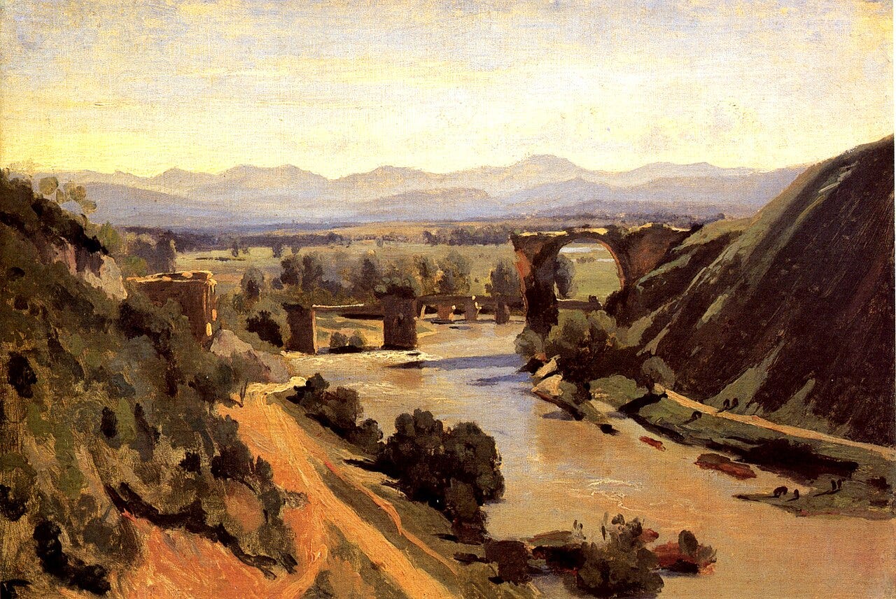 A ruined ancient Roman bridge stands over a river valley in warm Italian light A ruined ancient Roman bridge stands over a river valley in warm Italian light