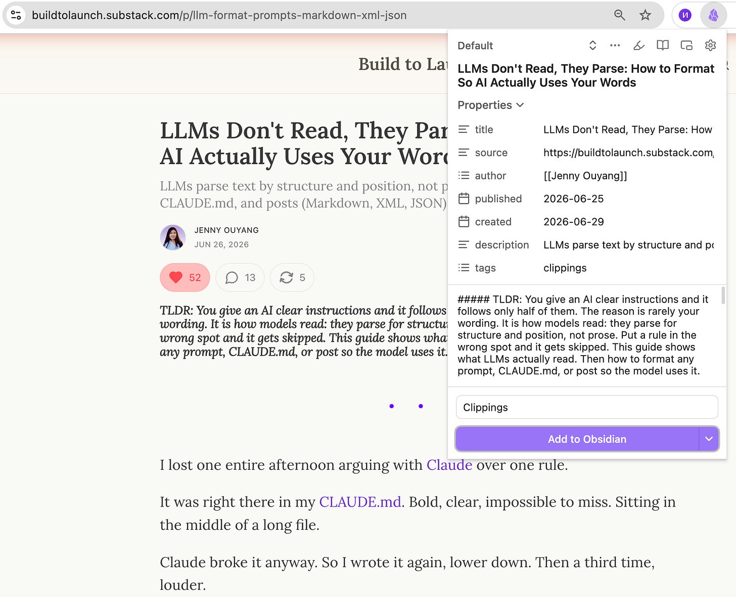 SCREENSHOT: the Obsidian Web Clipper saving a web article into the vault as a clean markdown note, side by side with the original page.