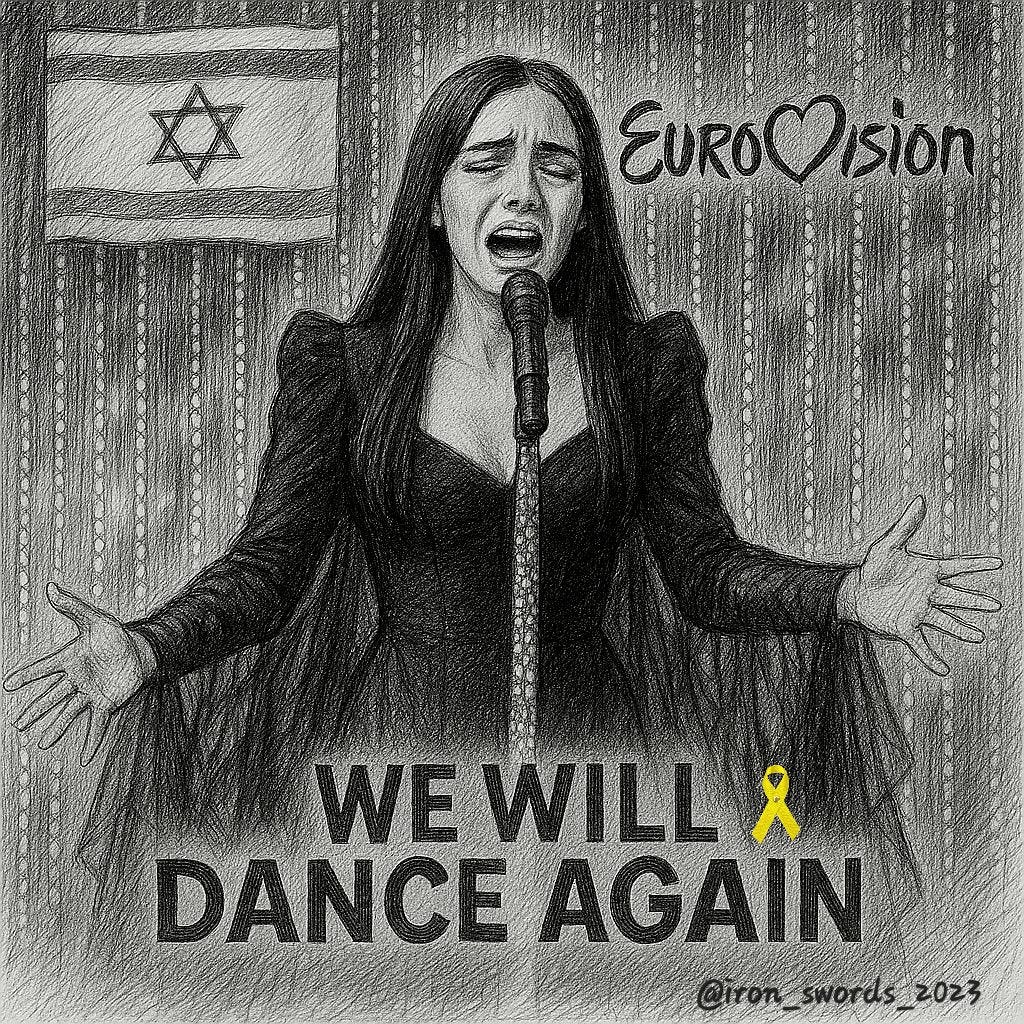 May be a doodle of dancing and text that says 'EuroDision Sion WE WILL DANCEAGAIN DANCE AGAIN @iron_swords2023 words_2023'