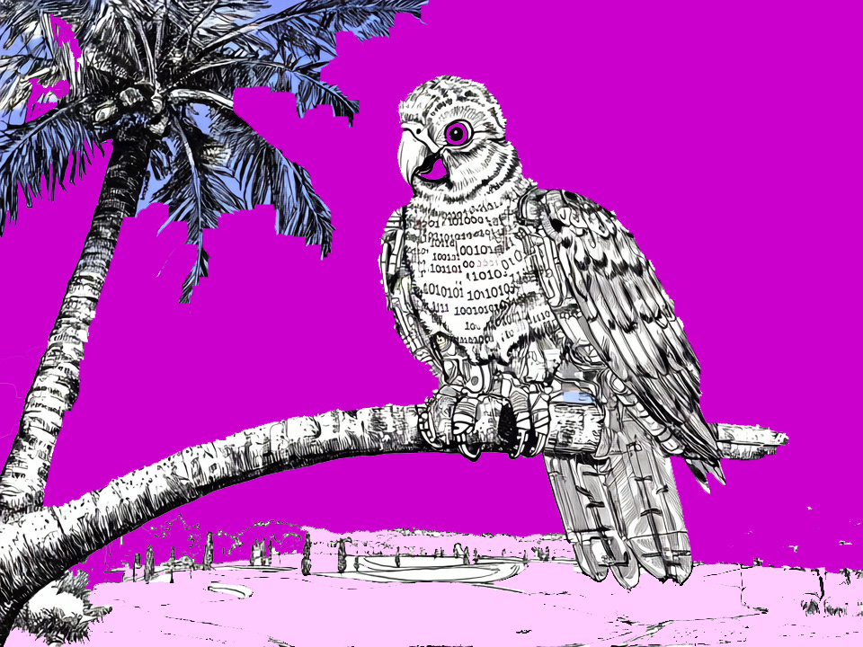 An AI stochastic parrot with 1010 data for wings overlooks a golf course, perched on a palm tree branch. Co-created with AI using Runway