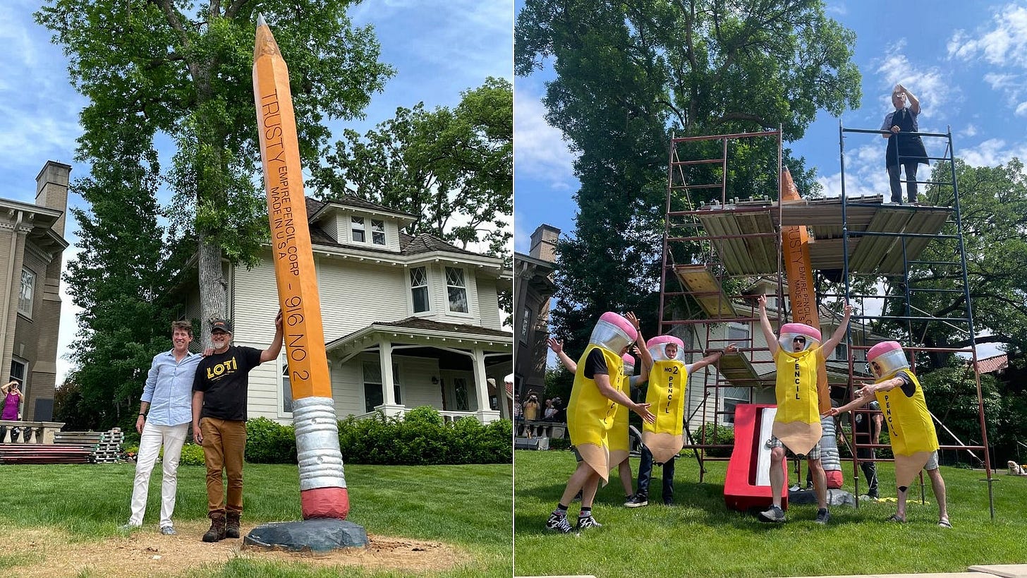 a split view of two images. One shows the giant pencil and one side shows people wearing pencil outfits dancing.