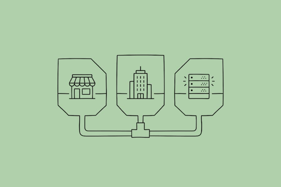 Minimalist hand-drawn illustration depicting the concept of communicating vessels in business logic, where Retail, Consulting (Office), and Tech are interconnected at the base by a unified brand operating system.