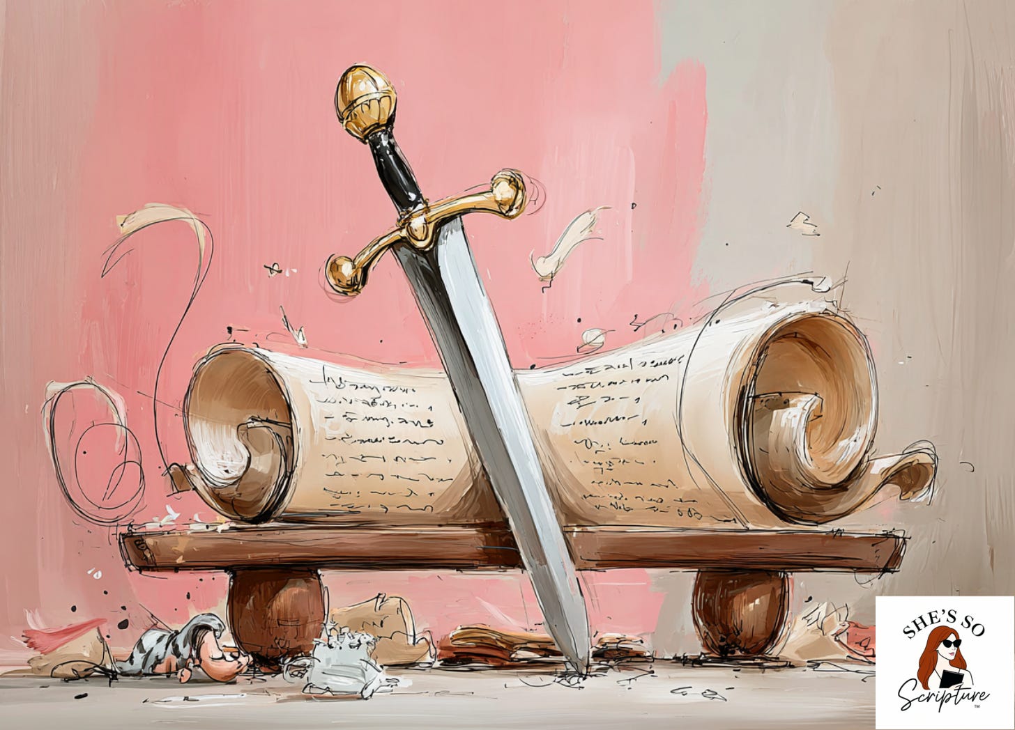 Illustrated ancient scroll and two-edged sword on a wooden table, warm golden light, blush pink and cream watercolor tones with sketchy ink outlines, She's So Scripture Context Is Queen series