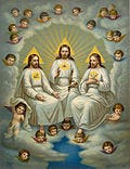 Atypical depiction of the Trinity where the Son is identified by a lamb, the Father an Eye of Providence, and the Spirit a dove