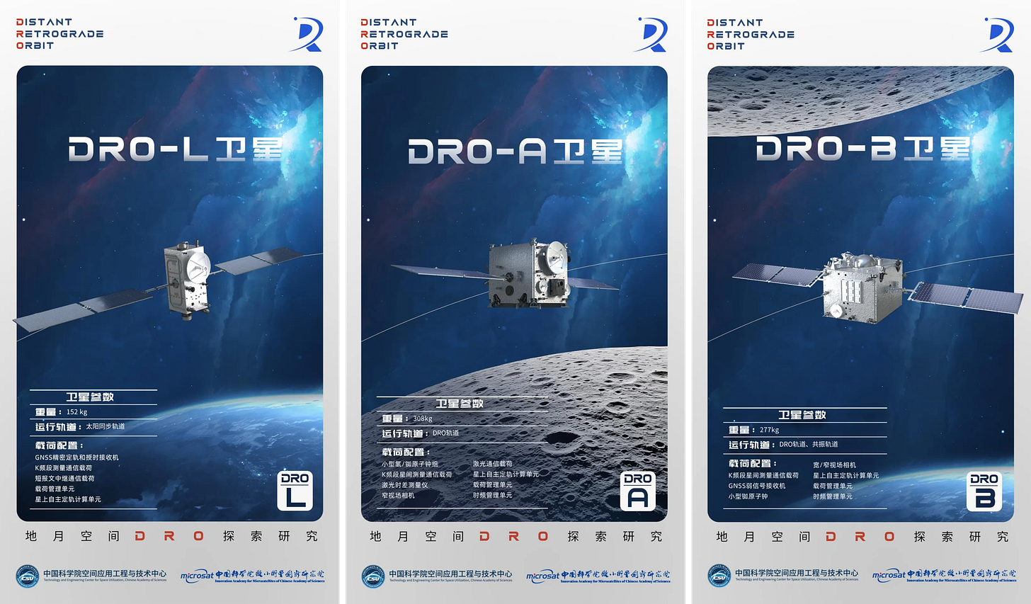Renders of the three DRO spacecraft for the communications network.