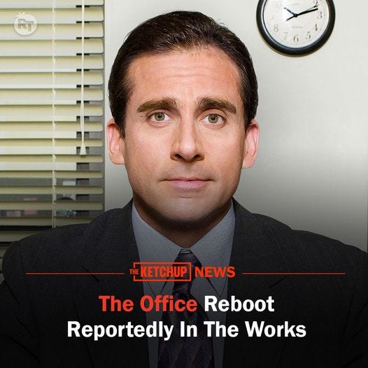 Pode ser uma imagem de ‎1 pessoa e ‎texto que diz "‎THEKETCHUP NEWS The Office ۔ Reboot Reportedly In The Works‎"‎‎