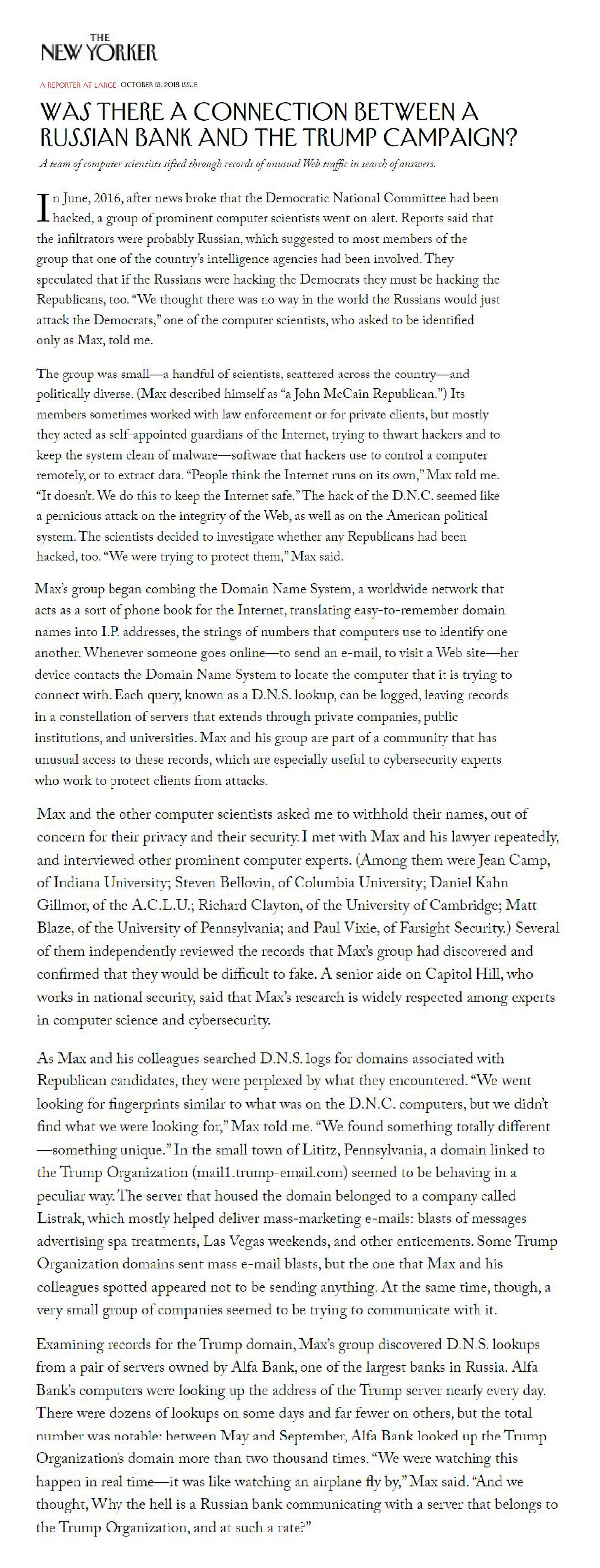 The New Yorker - Was there a connection between a Russian bank and the Trump campaign?