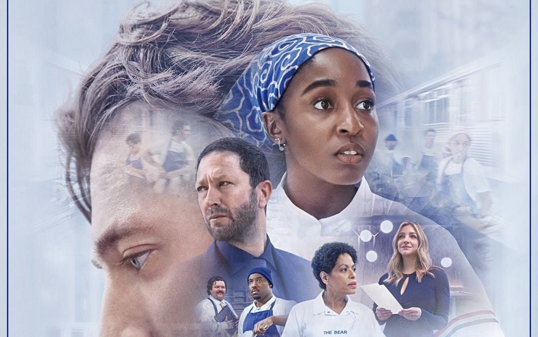 The Bear season 5 key art. Carmy, Sydney, Richie, Sugar, Tina, Malcolm, and Neil are pictured. The poster has a blue and white theme.