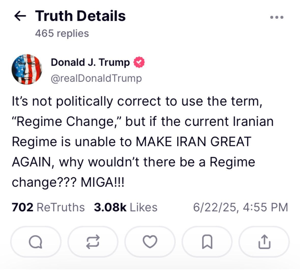 ImageTrump: It’s not politically correct to use the term “Regime Change,” but if the current Iranian Regime is unable to MAKE IRAN GREAT AGAIN, why wouldn’t there be a Regime change??? MIGA!!! ImageTrump: It’s not politically correct to use the term “Regime Change,” but if the current Iranian Regime is unable to MAKE IRAN GREAT AGAIN, why wouldn’t there be a Regime change??? MIGA!!!