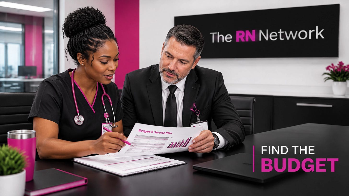 A nurse entrepreneur reviewing a healthcare budget and service plan with a hospital operations leader A nurse entrepreneur reviewing a healthcare budget and service plan with a hospital operations leader