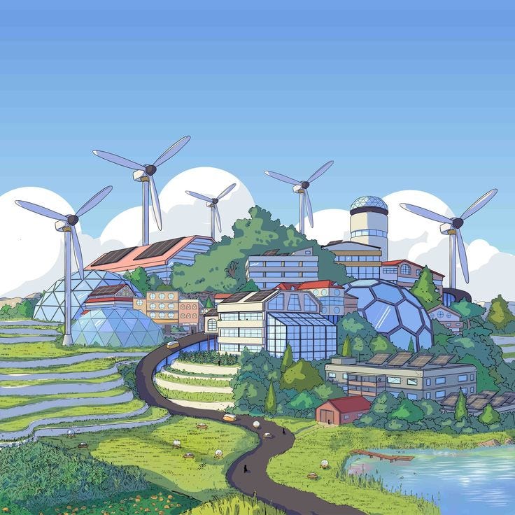 This may contain: an image of a cartoon city with windmills in the sky and trees around it
