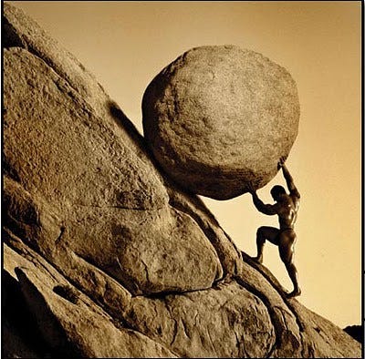 An artistic representation of the Greek king, Sisyphus pushing a boulder up a hill An artistic representation of the Greek king, Sisyphus pushing a boulder up a hill