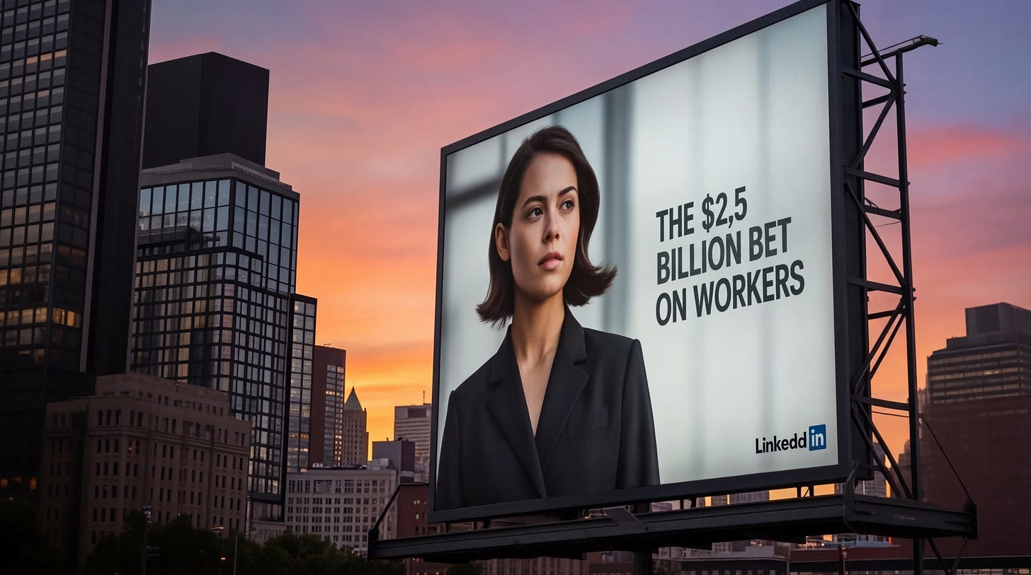 A large digital billboard advertisement in an urban cityscape at sunset. The billboard displays a professional headshot of a woman with shoulder-length dark hair wearing a black blazer against a light background. The text on the billboard reads "THE $2.5 BILLION BET ON WORKERS" in black capital letters on the right side of the image. The LinkedIn logo is in the bottom right corner. The background of the billboard shows a city skyline with modern glass skyscrapers silhouetted against a dramatic sunset sky with orange and pink hues. The buildings in the skyline are various heights, creating a layered effect of architectural silhouettes. The billboard is mounted on a black metal frame structure against the urban backdrop. The overall image has a professional corporate aesthetic with the warm sunset colors contrasting against the cool tones of the city buildings. A large digital billboard advertisement in an urban cityscape at sunset. The billboard displays a professional headshot of a woman with shoulder-length dark hair wearing a black blazer against a light background. The text on the billboard reads "THE $2.5 BILLION BET ON WORKERS" in black capital letters on the right side of the image. The LinkedIn logo is in the bottom right corner. The background of the billboard shows a city skyline with modern glass skyscrapers silhouetted against a dramatic sunset sky with orange and pink hues. The buildings in the skyline are various heights, creating a layered effect of architectural silhouettes. The billboard is mounted on a black metal frame structure against the urban backdrop. The overall image has a professional corporate aesthetic with the warm sunset colors contrasting against the cool tones of the city buildings.