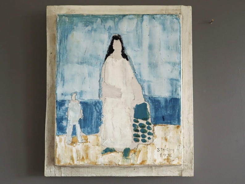May include: Abstract painting on a rectangular canvas, featuring a figure in white with black hair, holding a teal object. A smaller figure is in the background. The artwork is set against a blue and white backdrop, framed in a white border.