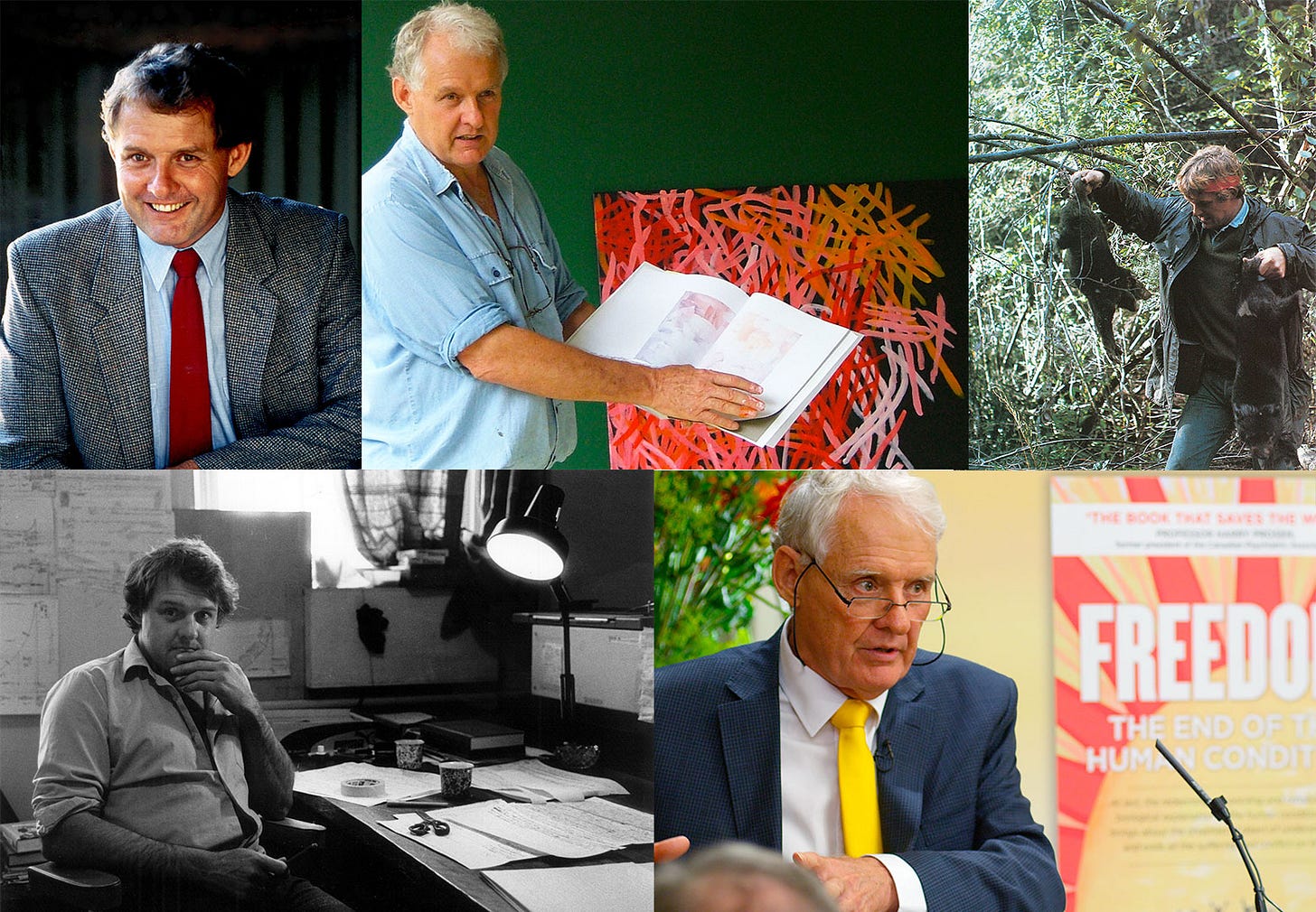 Biologist Jeremy Griffith: In 1993; painting in 2009; during his Tasmanian Tiger search in 1967; at his desk in 1982; at the lauch of FREEDOM in 2016