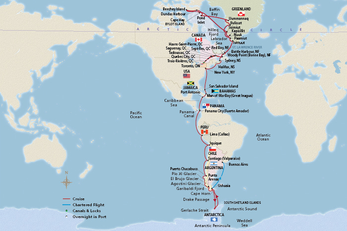 itinerary map - a map image of all of the cities that are included in the voyage itinerary.