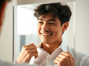 person fixing their collar in the mirror smiling ever so