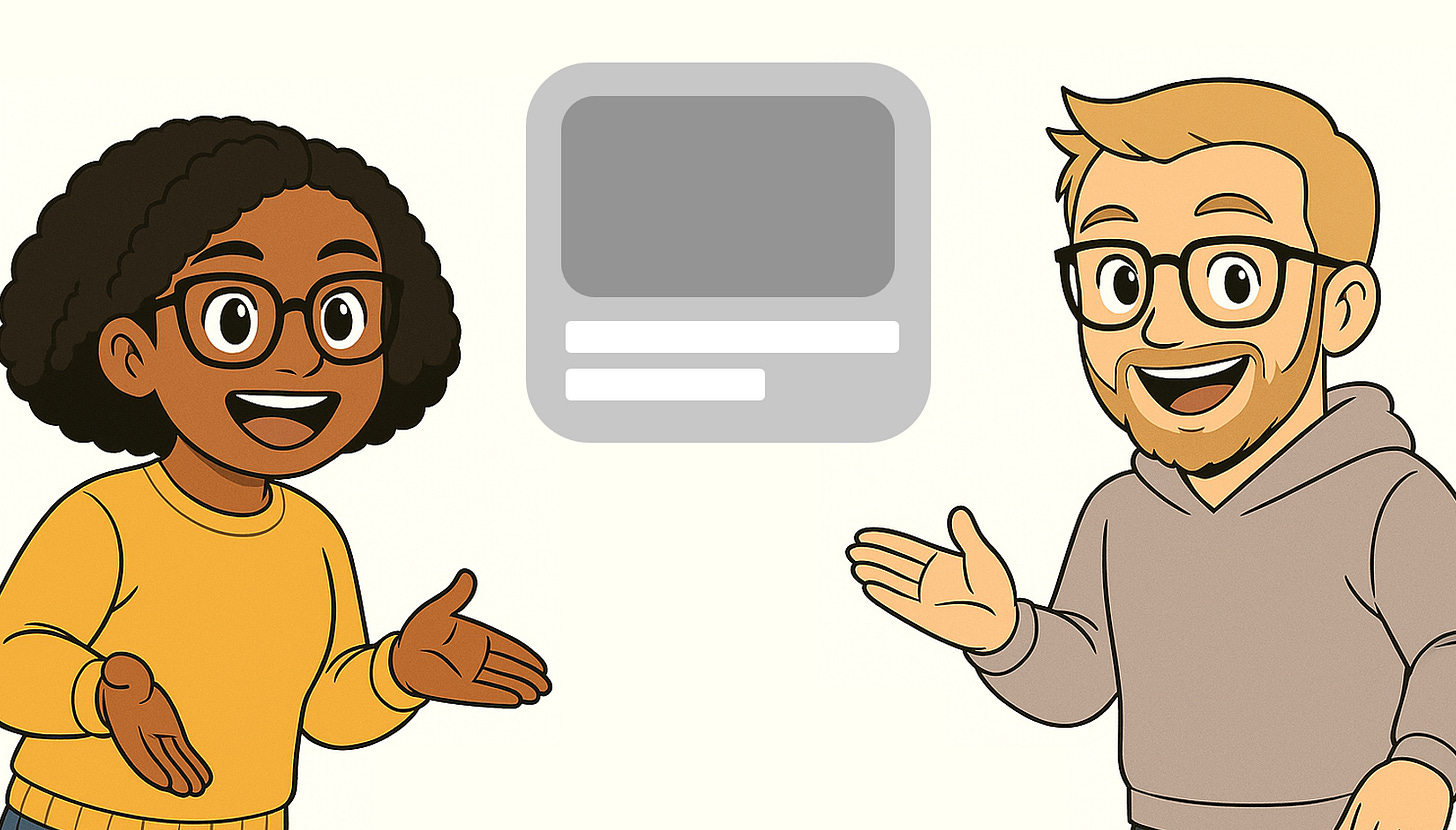 Cartoon-style illustration of two developers pointing at a visual card layout representing grouped content elements.