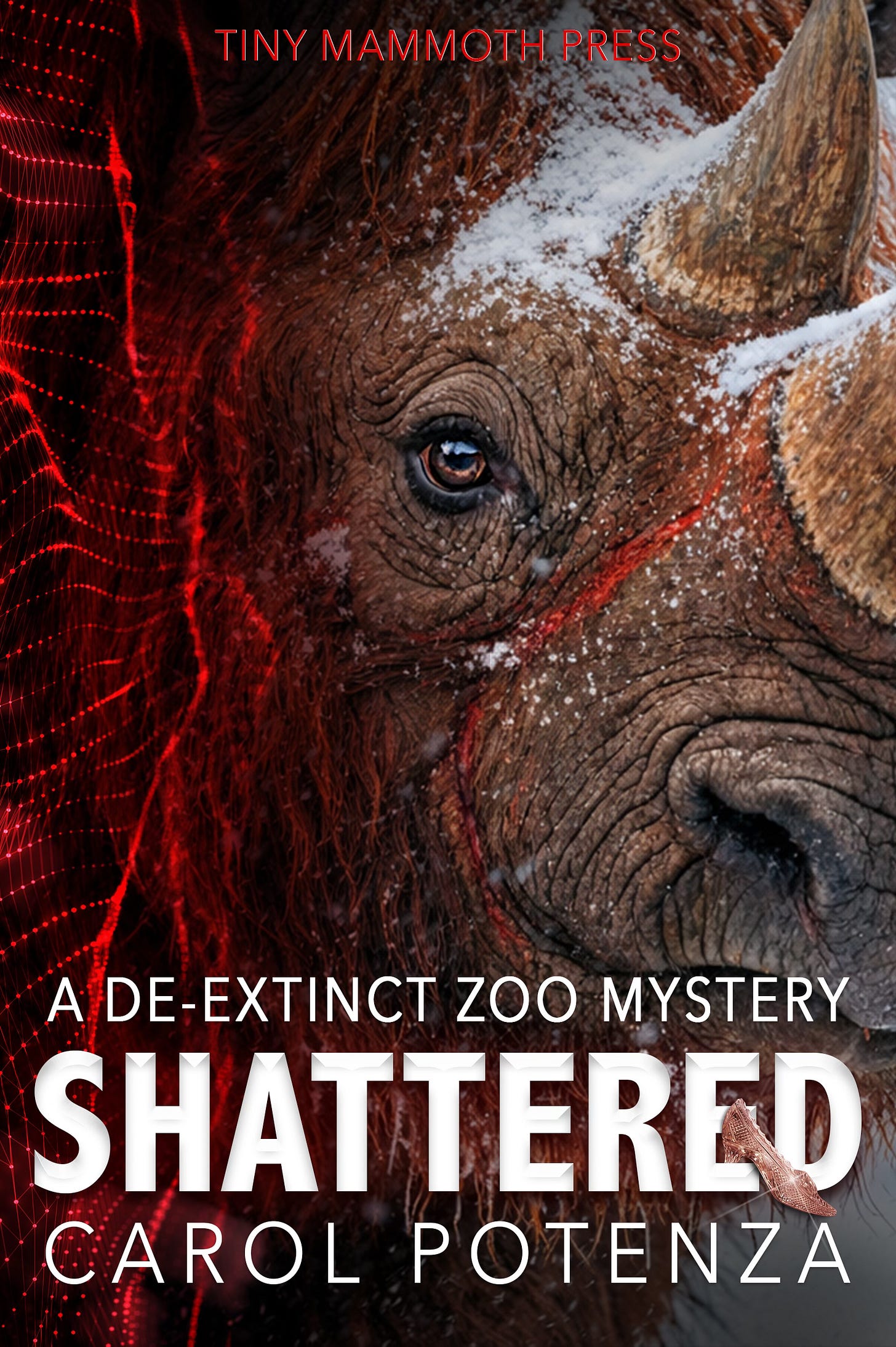 the cover of Shattered with a dolly rhino head and red tech fabric on the left side the cover of Shattered with a dolly rhino head and red tech fabric on the left side