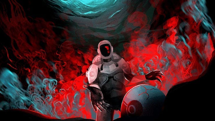Astronaut in a suit reaches towards a swirling red and blue smoke in a dark, otherworldly environment with an orb-like object. Astronaut in a suit reaches towards a swirling red and blue smoke in a dark, otherworldly environment with an orb-like object.
