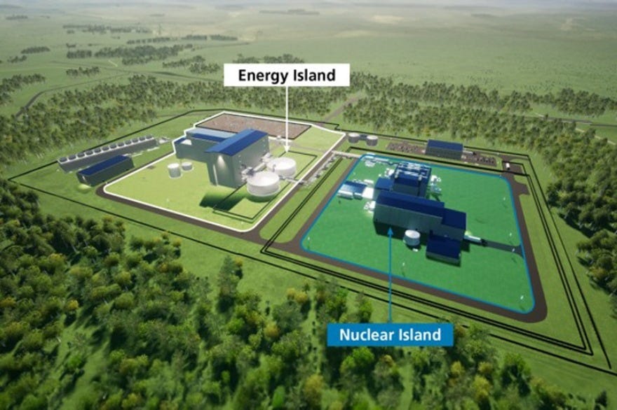 A 3D rendering of the Natrium plant, showing two distinct sections labeled as “Nuclear Island” and “Energy Island,” surrounded by greenery, highlighting the modular and efficient design of the facility. A 3D rendering of the Natrium plant, showing two distinct sections labeled as “Nuclear Island” and “Energy Island,” surrounded by greenery, highlighting the modular and efficient design of the facility.
