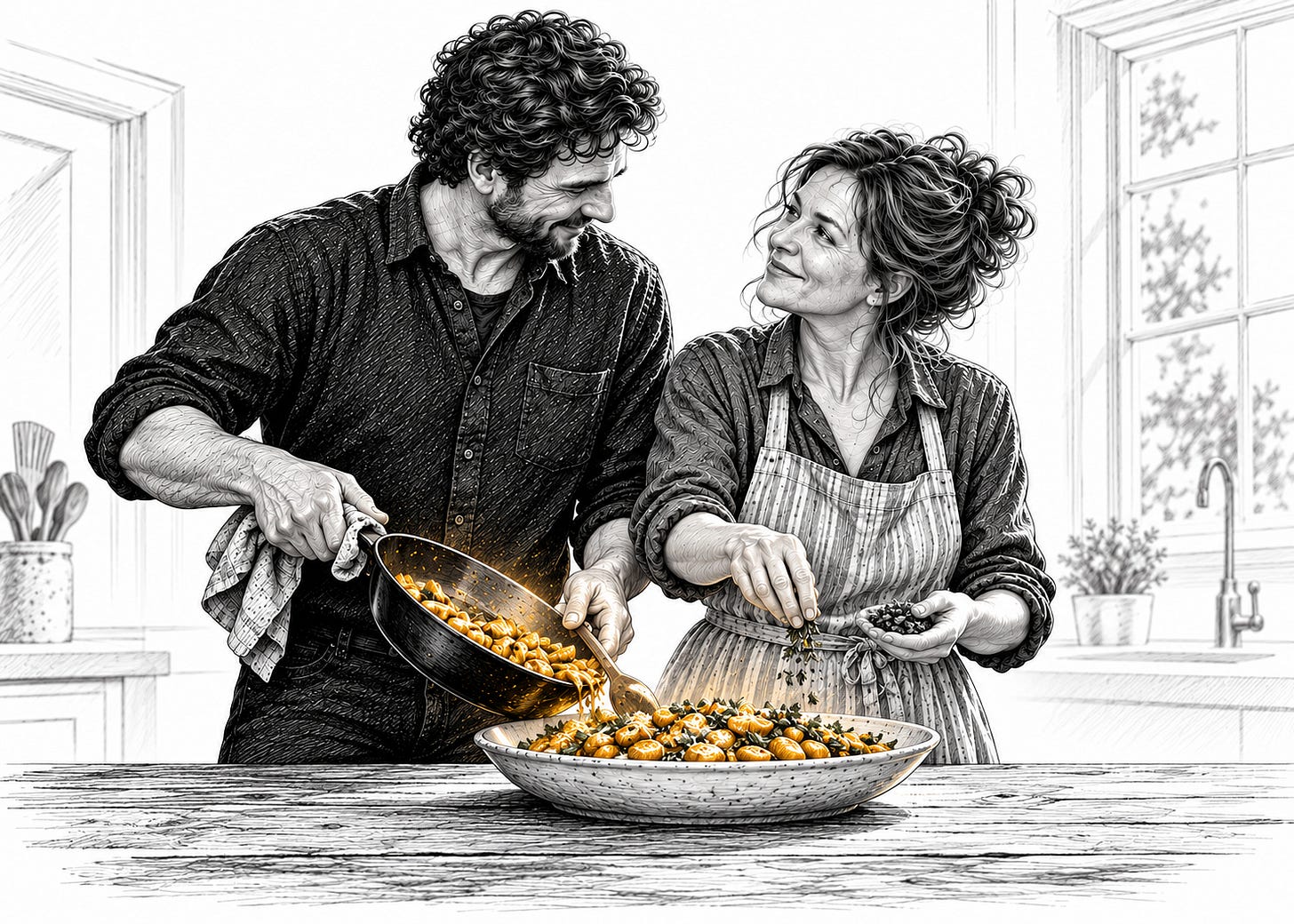 A husband and wife prepare a meal together, exchanging a smile as he serves food and she adds herbs; gold light marks their shared task.