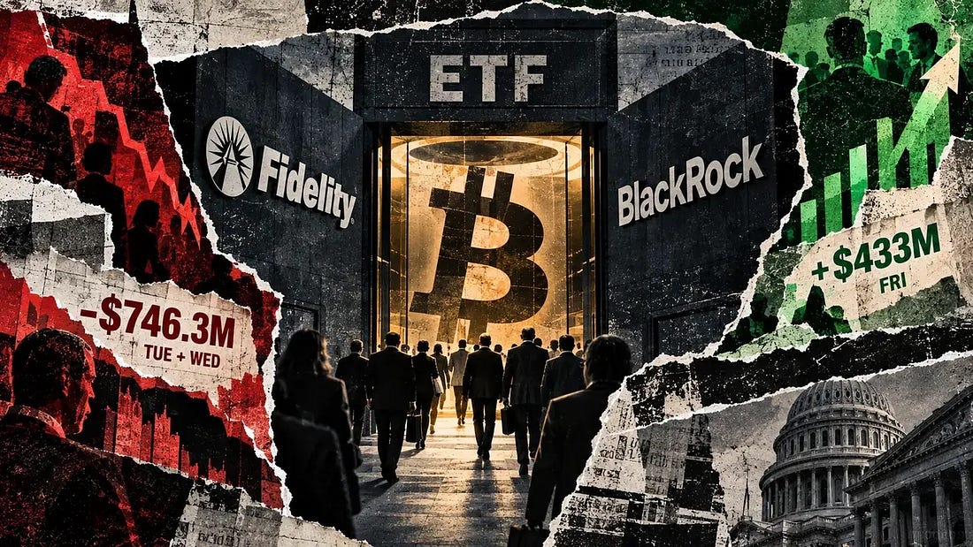 Investors approach a Bitcoin ETF gateway between Fidelity and BlackRock as Friday inflows offset part of the week’s withdrawals. Investors approach a Bitcoin ETF gateway between Fidelity and BlackRock as Friday inflows offset part of the week’s withdrawals.