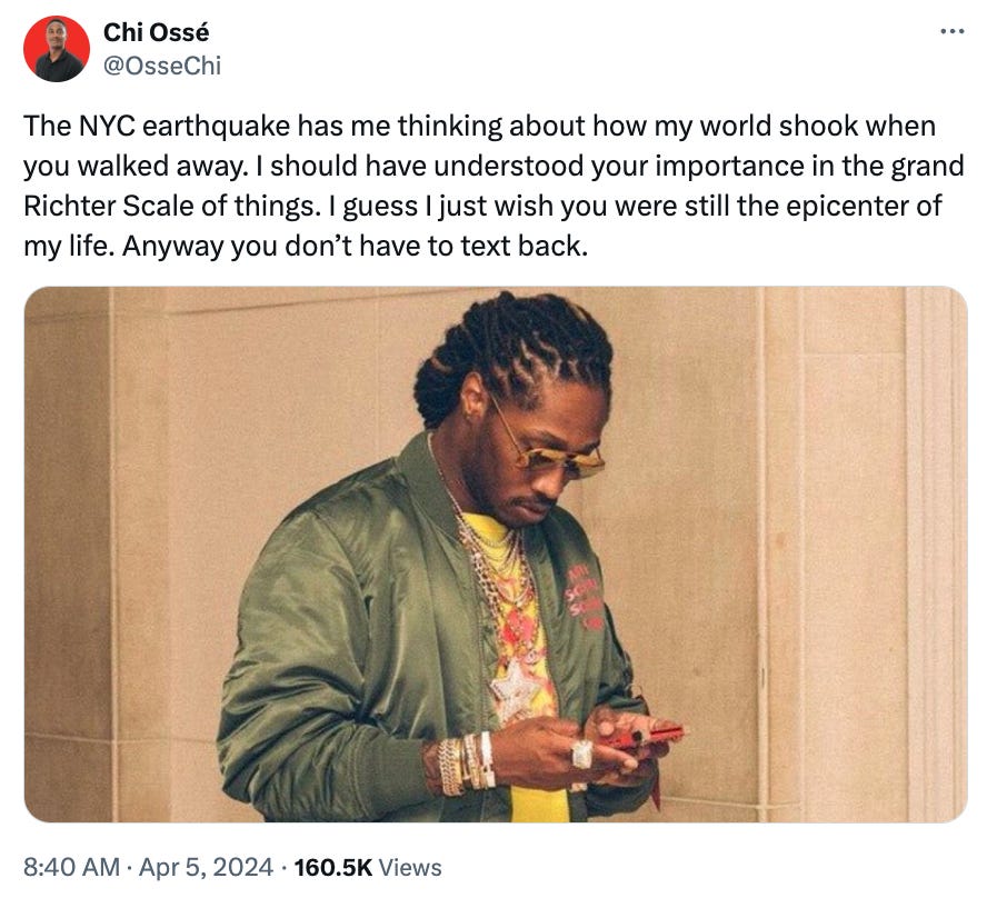 Tweet that says "The NYC earthquake has me thinking about how my world shook when you walked away. I should have understood your importance in the grand Richter Scale of things. I guess I just wish you were still the epicenter of my life. Anyway you don’t have to text back." and depicts someone texting on their phone Tweet that says "The NYC earthquake has me thinking about how my world shook when you walked away. I should have understood your importance in the grand Richter Scale of things. I guess I just wish you were still the epicenter of my life. Anyway you don’t have to text back." and depicts someone texting on their phone