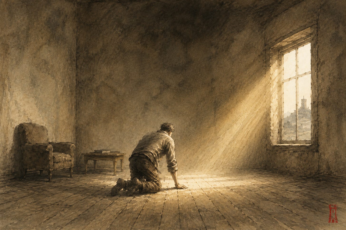 A man rising from the floor of a bare living room inside a broad shaft of window light; through the window, far off, a tower on its height — ink-and-wash painting