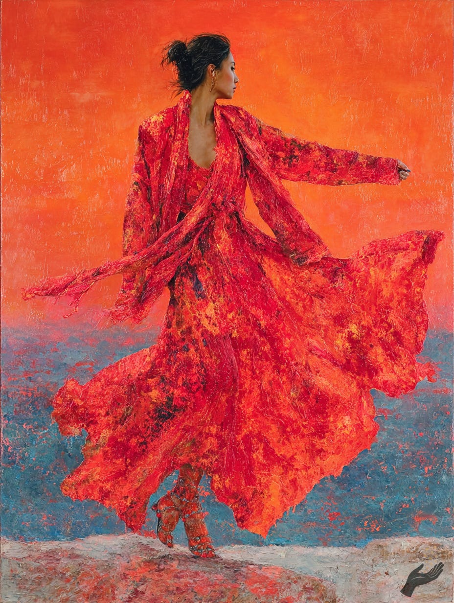 A painterly figure in a sweeping red dress turns on a shoreline, with a bright orange sky above a blue-gray sea.