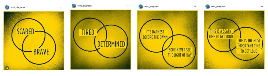 Four separate yellow square frames in a row, each of which shows two partially overlapping circles, in the style of Venn diagrams. Each circle has a word in the middle. They read, in order from left to right, "SCARED/BRAVE," "TIRED/DETERMINED," "IT'S DARKEST BEFORE THE DAWN/SOME NEVER SEE THE LIGHT OF DAY," "THIS IS A SCARY TIME TO GET LOUD/THIS IS THE MOST IMPORTANT TIME TO GET LOUD."