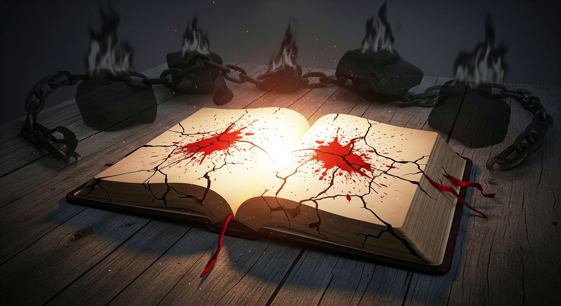 An old open Bible with red ink splatters, surrounded by shadows of chains, stones, and fire, symbolizing biblical practices like slavery, stoning, and sacrifice that modern Christianity rejects. An old open Bible with red ink splatters, surrounded by shadows of chains, stones, and fire, symbolizing biblical practices like slavery, stoning, and sacrifice that modern Christianity rejects.