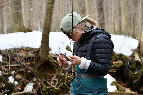 Pictures of man and woman untangling fly line from trees and rods.