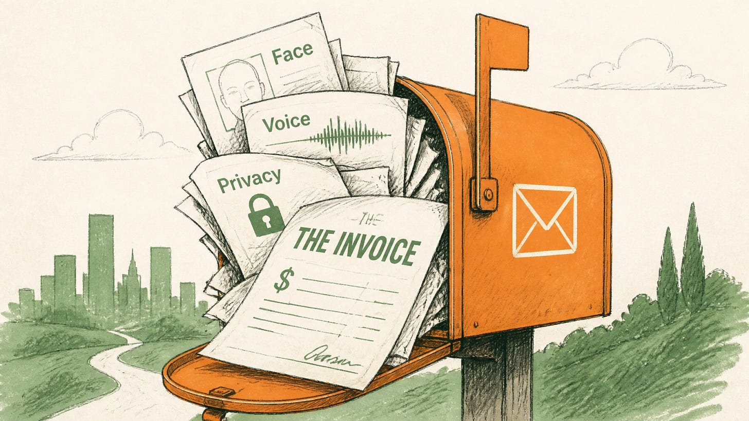 A mailbox overflowing with letters labeled Face, Voice, and Privacy, with a bill marked "The Invoice" sticking out — the hidden cost of free platforms.
