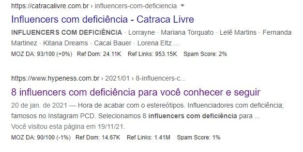 Print de uma página no google com notícias que dizem "Influencers com deficiência para você conhecer e seguir" 