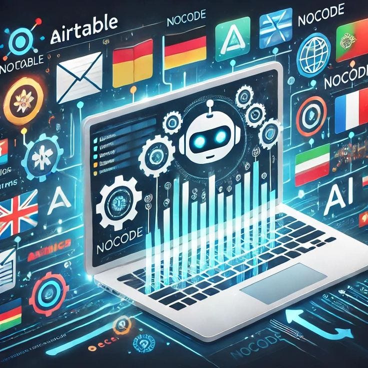 This may contain: an open laptop computer surrounded by icons and symbols on a dark background with the words airtable above it