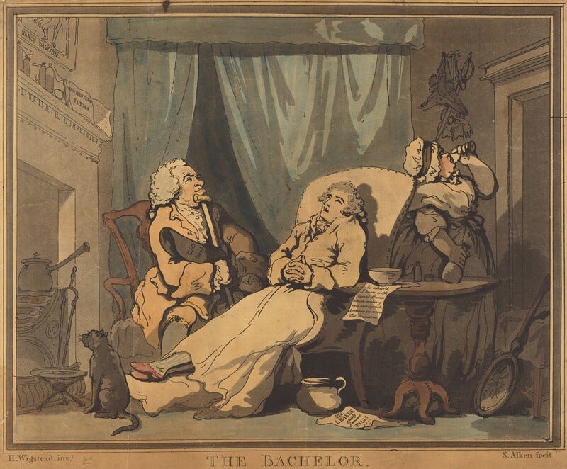 Late-eighteenth-century satirical print showing an older bachelor reclining in an armchair in a cluttered domestic interior, with two attendants and a small dog nearby. Late-eighteenth-century satirical print showing an older bachelor reclining in an armchair in a cluttered domestic interior, with two attendants and a small dog nearby.