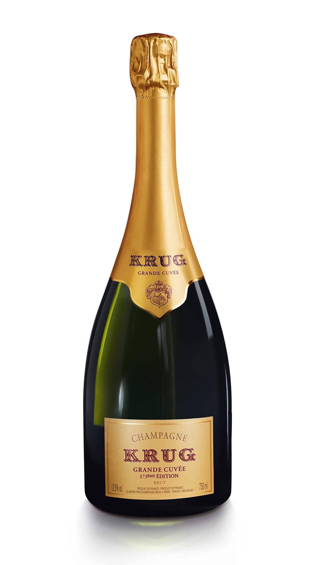 Photo shows a bottle of Krug Grande Cuvée champagne