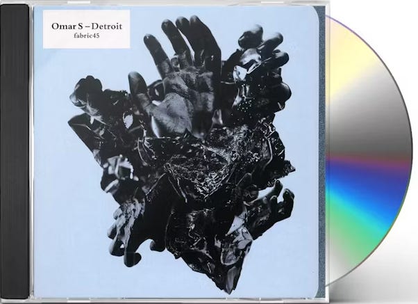 Cover art of fabric 45 by Omar-S (Detroit). The pale blue background has an abstract black and grey shape filling most of the cover. Normally when DJs get invited to put out a mix CD for fabric, they would go to great lengths to exhibit the breadth of their musical taste, or the obscurity of their selection. Omar-S arrived and sad "Nah" and proceeded to mix an hour or so of his own music back-to-back-to-back-to-back. I like this energy.