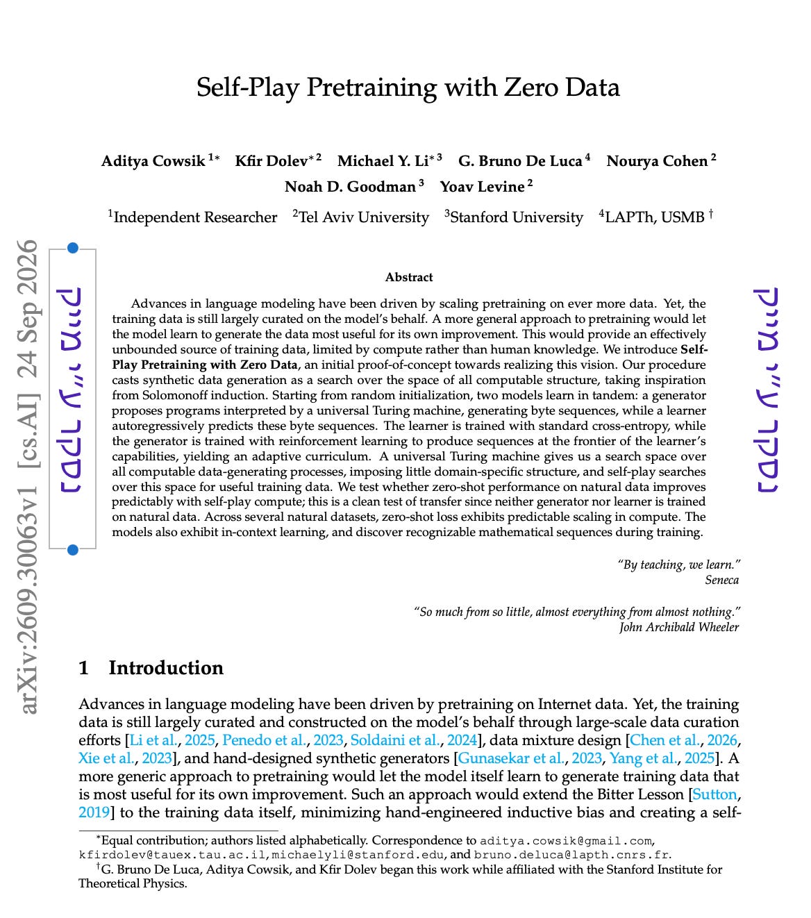Self-Play Pretraining with Zero Data