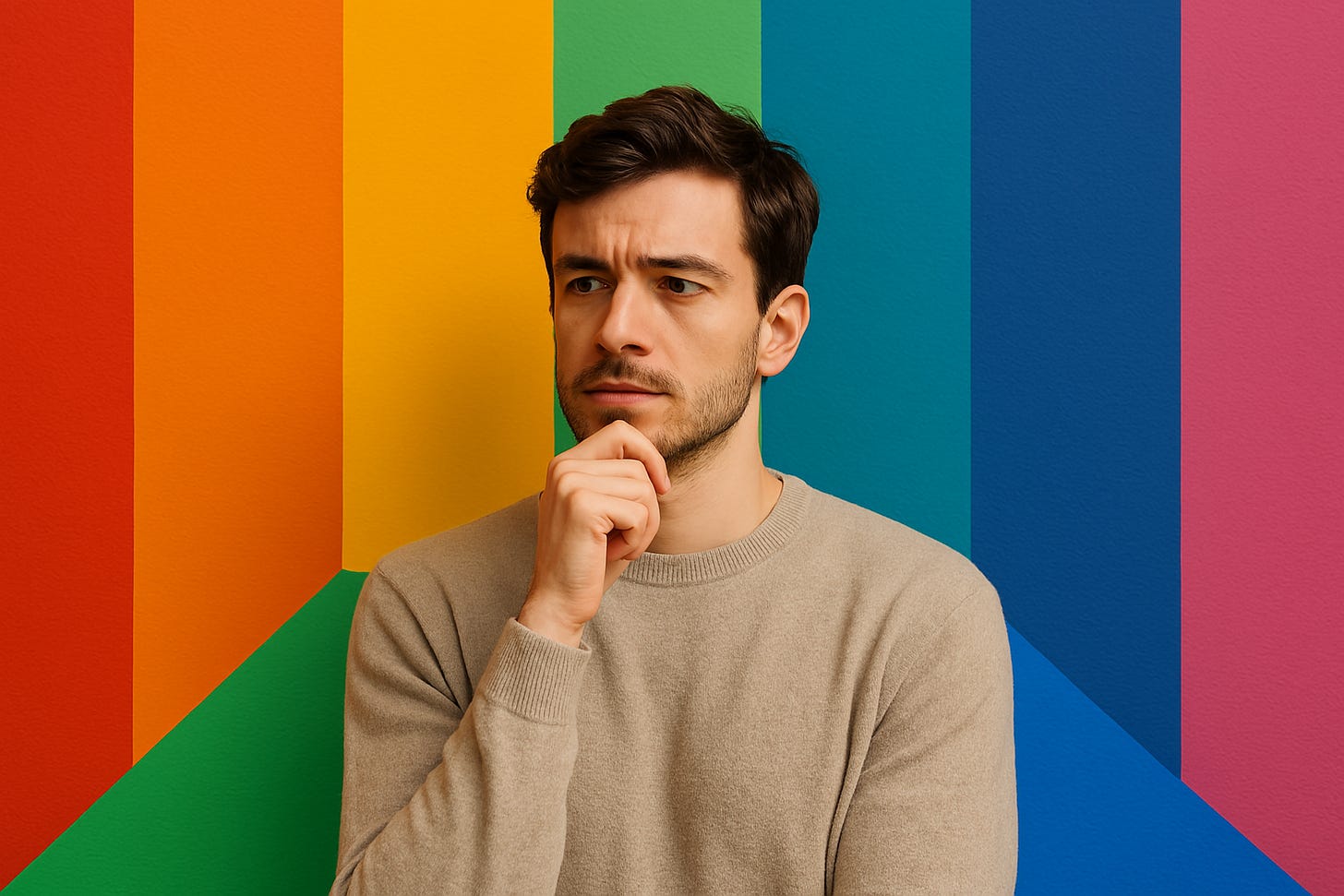Person standing against a vivid multicolored backdrop, symbolising the emotional and psychological impact of color.