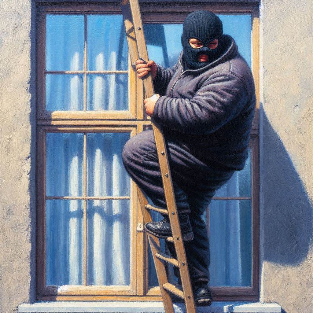 A chubby burglar dressed all in black with a mask climbs a ladder to a second-story window. It is broad daylight. Slight impressionist style. 