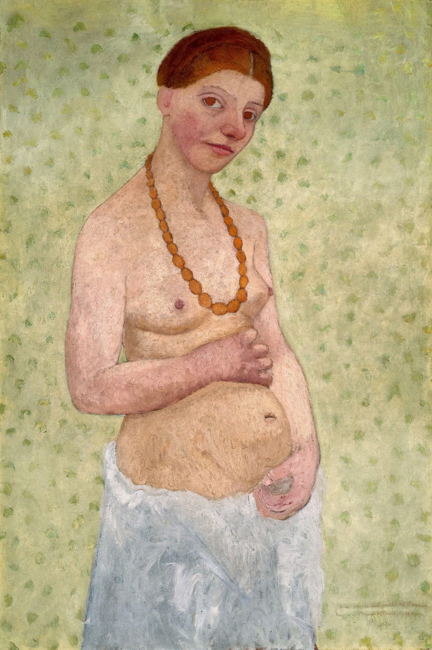 Self-portrait painting by Paula Modersohn-Becker from 1906 showing the artist nude and pregnant, wearing a beaded necklace and a white draped cloth around her hips, standing against a pale green patterned background.