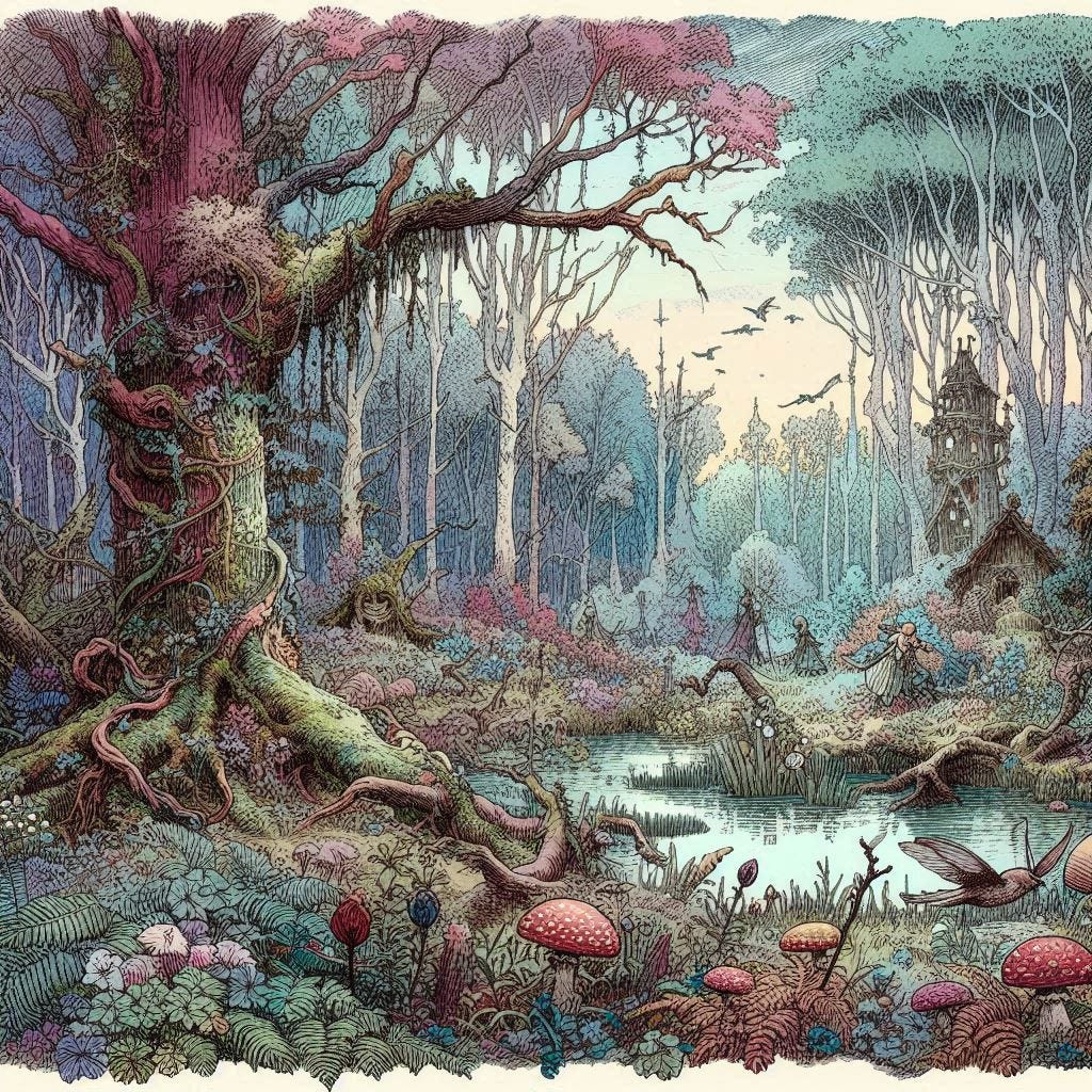 Storybook illustration of fairies in the woods