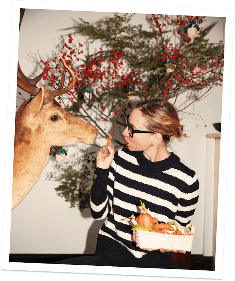 Erin Pollard of Underwater Weaving studio with Panier de Crudite and in KULE sweater