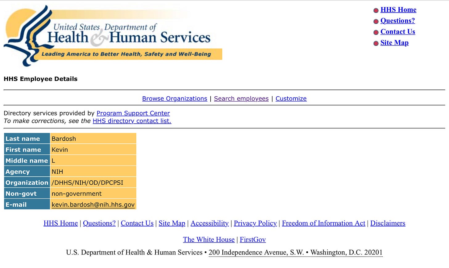 A screenshot of the HHS employee directory with Kevin Bardosh’s profile and government email.