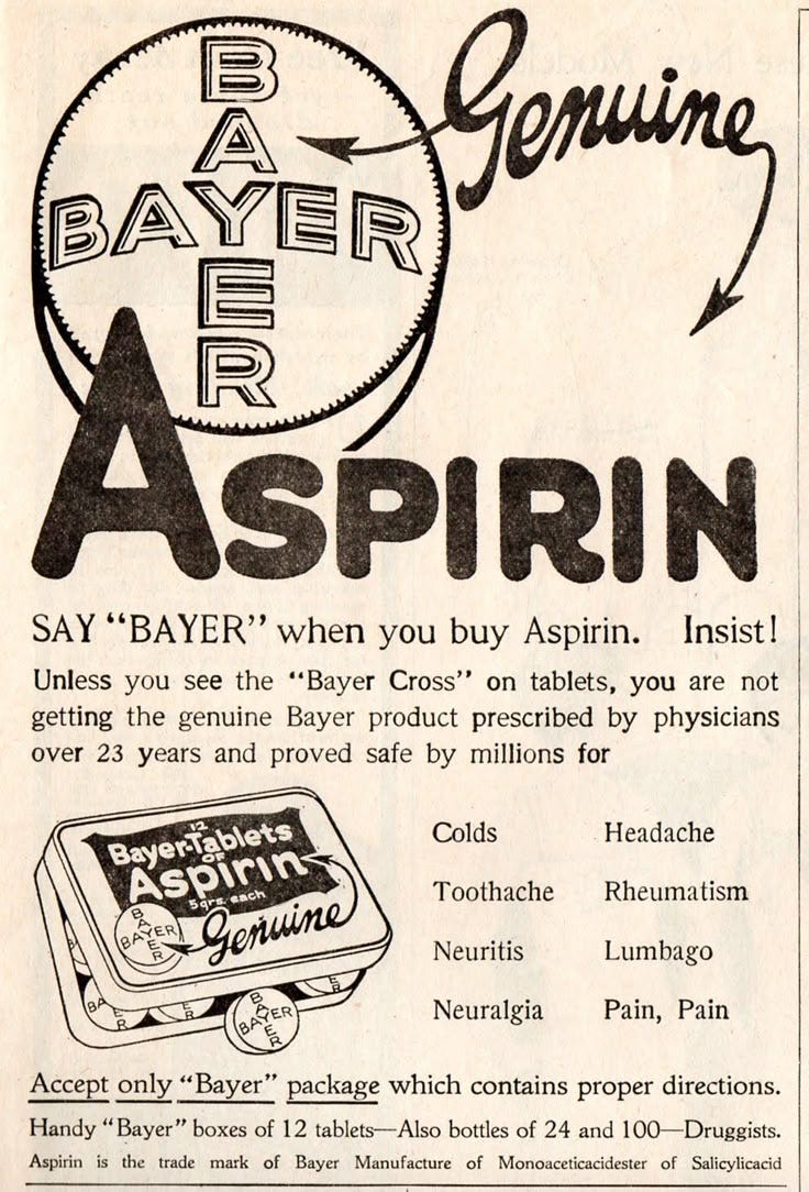 This may contain: an advertisement for the aspirin brand, with information about its product and price