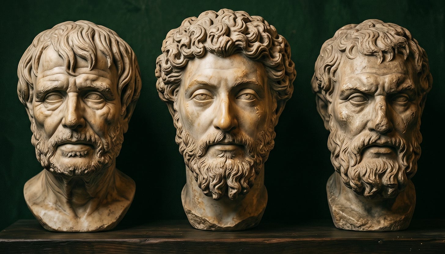 Statues of the heads of Seneca, Marcus Aurelius and Epictetus - three classic stoic philosophers.